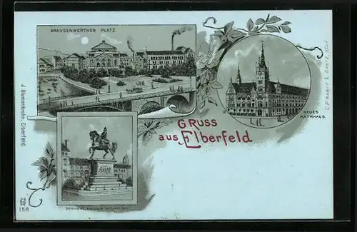 Mondschein-Lithographie Elberfeld, Neues Rathaus, Brausenwerther, Denkmal Kasier Wilhelm I.