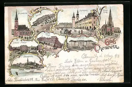 Lithographie Chemnitz, Nicolaikirche, Bahnhof, Kaserne