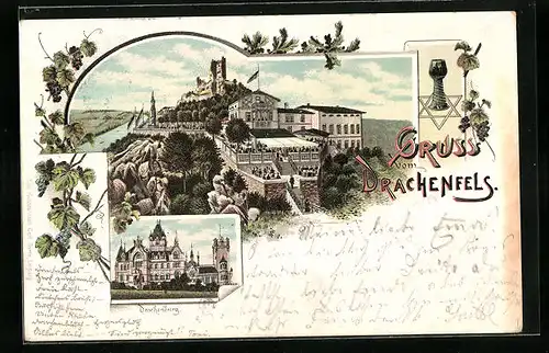 Lithographie Königswinter, Hotel auf dem Drachenfels, Drachenburg