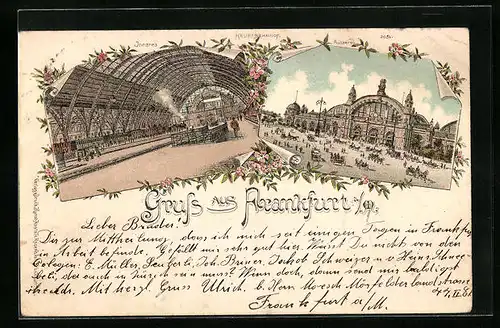 Lithographie Frankfurt a. M., Hauptbahnhof Äusseres und Inneres