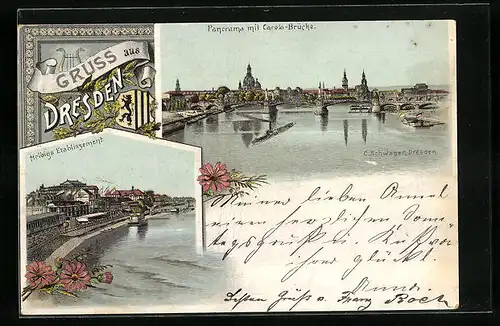 Vorläufer-Lithographie Dresden, 1895, Gasthaus Helbig, Panorama mit Carola-Brücke