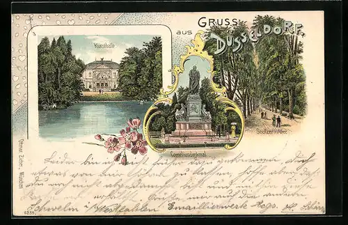 Lithographie Düsseldorf, Kunsthalle, Corneliusdenkmal, Seufzer-Allee