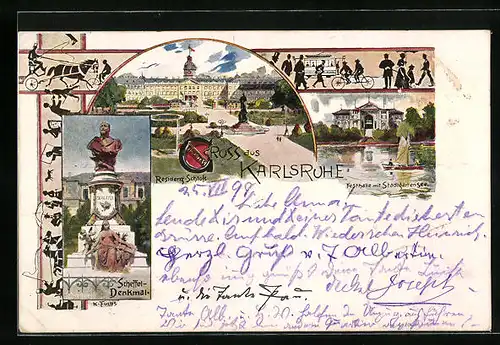 AK Karlsruhe, Festhalle mit Stadtgartensee, Residenz-Schloss, Scheffel-Denkmal