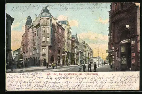 Relief-AK Karlsruhe, Kaiserstrases mit Geschäften und Hofapotheke