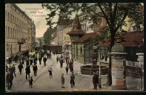 AK Pforzheim, Westliche Karl Friedrichstrasse mit Hotel Post und Brunnen