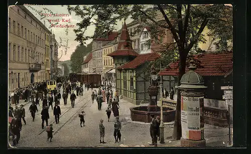 AK Pforzheim, Westliche Karl Friedrichstrasse mit Hotel Post und Brunnen