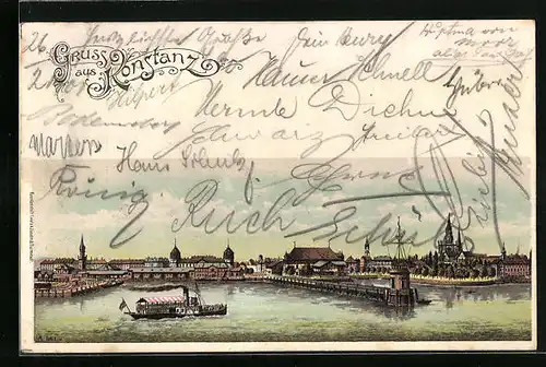 Lithographie Konstanz, Teilansicht mit Dampfer