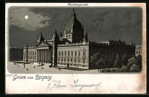 Lithographie Leipzig, Reichsgericht bei Mondschein