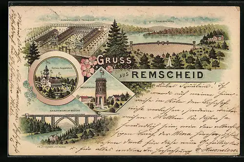 Lithographie Remscheid, Ausstellungs-Gebäude, Schloss Küppelstein, Wasserturm