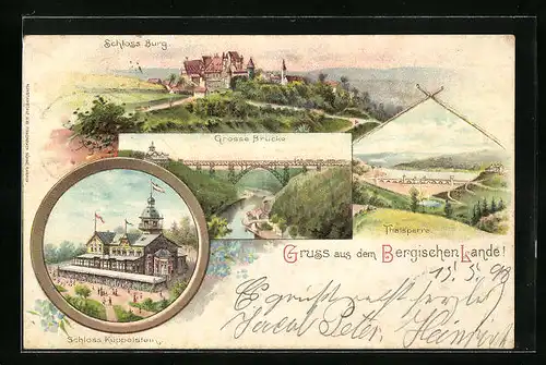 Lithographie Remscheid-Reinshagen /Bergisches Land, Schloss Küppelstein, Schloss Burg, Grosse Brücke