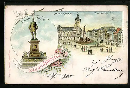 Lithographie Elberfeld, Neues Rathaus und Neumarkt mit Brunnen, Bismarck-Denkmal