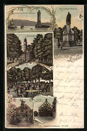 Lithographie Lindau i. B., Hafeneinfahrt, Heidenmauer, Gasthaus Schützengarten, Altes Rathaus