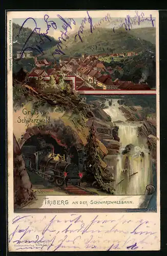 Lithographie Triberg an der Schwarzwaldbahn, Stadtpanorama mit Eisenbahntunnel