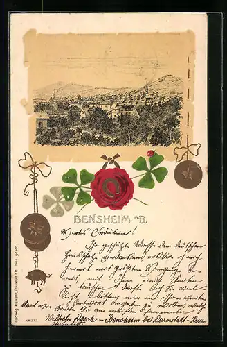 Lithographie Bensheim a. B., Stadtpanorama mit geprägtem Hufeisen