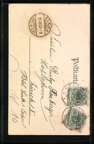 Lithographie Bensheim a. B., Stadtpanorama mit geprägtem Hufeisen