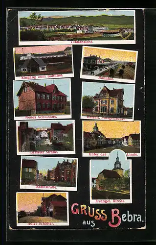 AK Bebra, Totalansicht, Bahnhof, Neues Schulhaus, Kaiserl. Postgebäude, Hotel Schlüter