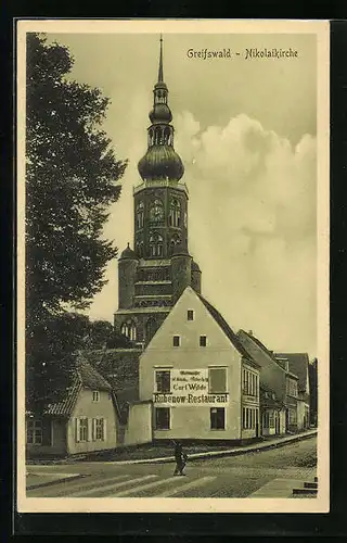 AK Greifswald, Rubenow-Restaurant von Carl Wilde mit der Nikolaikirche