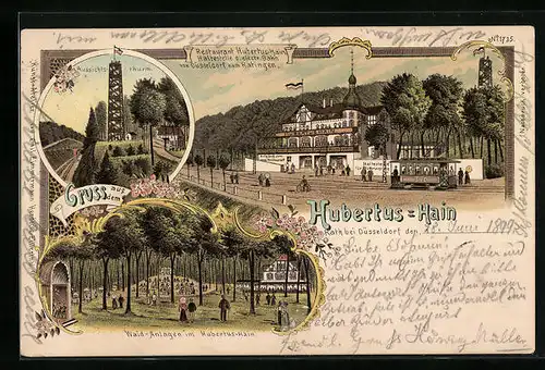 Lithographie Rath bei Düsseldorf, Restaurant Hubertus-Hain mit Strassenbahn, Aussichtsturm und Waldanlagen