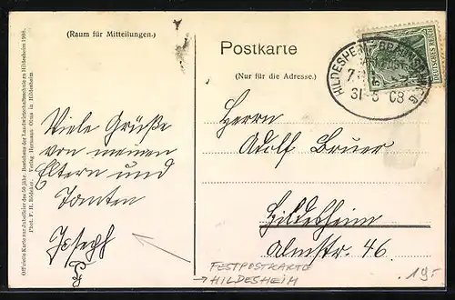 AK Hildesheim, Festpostkarte zum 50. jähr. Jubiläum der Landwirtschaftsschule 1908