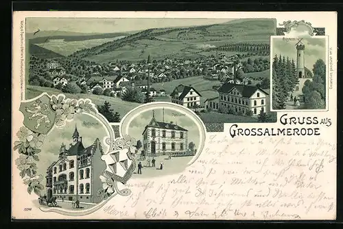 Lithographie Grossalmerode, Rathaus, Postamt, Bilstein, Totalansicht