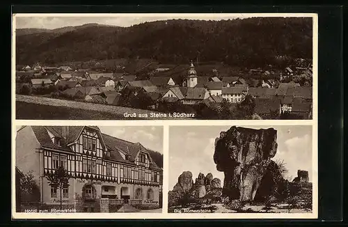 AK Steina /Harz, Hotel zum Römerstein, Römerstein, Panorama des Ortes