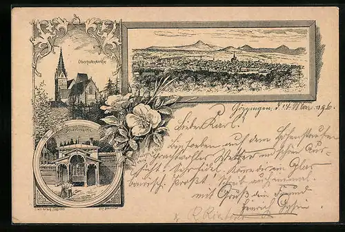 Lithographie Göppingen, Totalansicht, Oberhofenkirche, Sauerbrunnen, Blumen