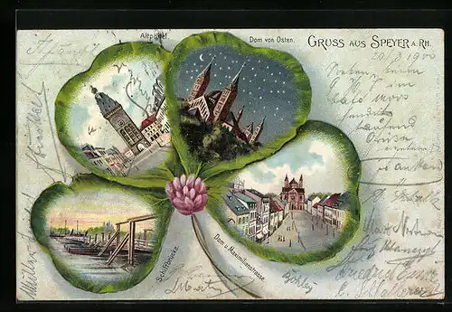 Passepartout-Lithographie Speyer a. Rh., Altpörtel, Dom und Maximilianstrasse, Schiffbrücke im Kleeblatt