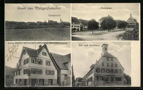 AK Pfalzgrafenweiler, Kolonialwarengeschäft Helber, Rat- und Schulhaus, Marktplatz