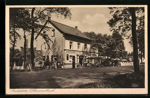 AK Düsseldorf-Schwarzebruch, Gaststätte Schwarzebruch mit Strasse und Autos