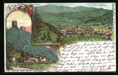 Lithographie Waldkirch, Totalansicht, Teilansicht mit Burg