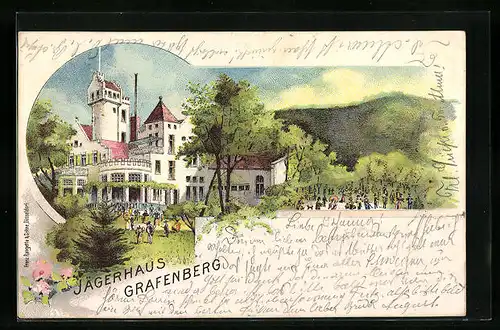 Lithographie Düsseldorf, Gasthof Jägerhaus Grafenberg mit Garten und Besuchern