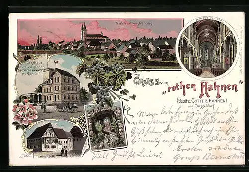 Lithographie Arenberg, Gasthaus zum rothen Hahnen, Ölberg, Totalansicht