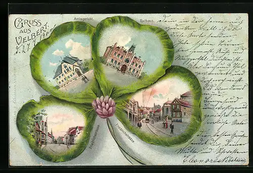 Passepartout-Lithographie Velbert, Amtsgericht, Friedrichstrasse und Rathaus im Kleeblatt