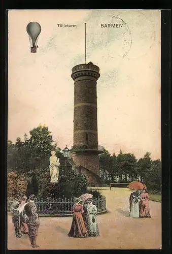 AK Barmen, Partie am Tölleturm mit Spaziergängerinnen und Ballon