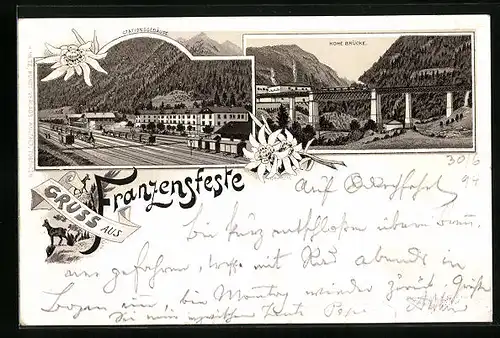 Vorläufer-Lithographie Franzensfeste, 1894, Bahnhofstationsgebäude, Hohe Brücke