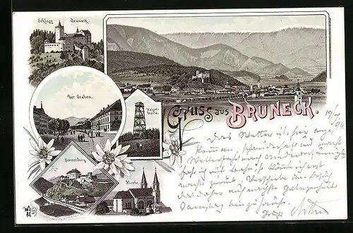 Vorläufer-Lithographie Bruneck, 1894, Schloss Bruneck, Strassenpartie am Graben, Kaiserwarte, Sonnenburg, Kirche