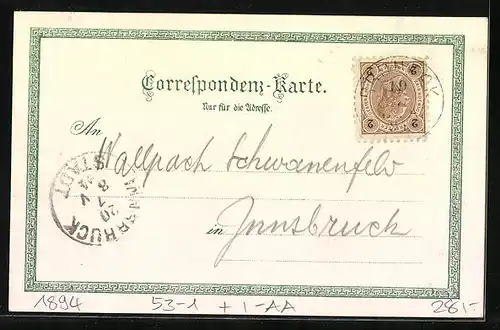 Vorläufer-Lithographie Bruneck, 1894, Schloss Bruneck, Strassenpartie am Graben, Kaiserwarte, Sonnenburg, Kirche