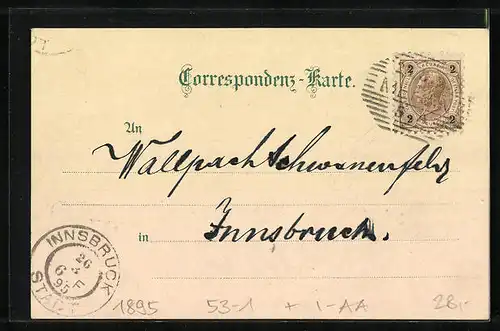 Vorläufer-Lithographie Meran, Gesamtansicht mit Gilfpromenade und St. Valentin 1895