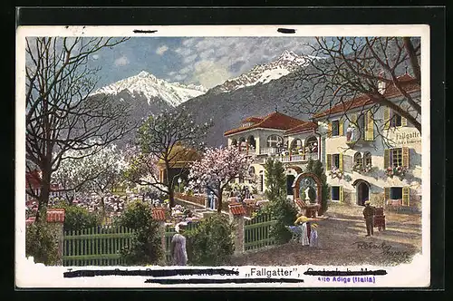 Künstler-AK F.A.C.M. Reisch: Meran, Ortsansicht mit Restaurant Fallgatter im Frühling
