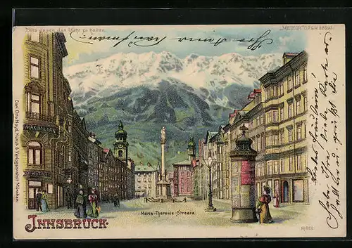 Lithographie Innsbruck, Ortsansicht mit Maria-Theresia-Strasse, Halt gegen das Licht mit leuchtendem Bergpanorama