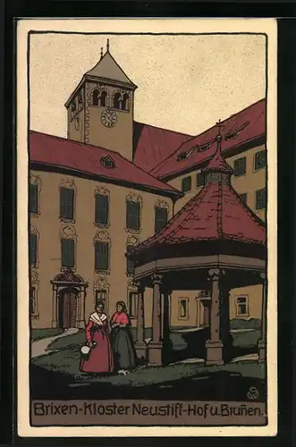 Steindruck-AK Brixen, Kloster Neustift, Hof und Bruhen