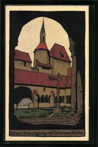 Steindruck-AK Brixen, Kreuzgang mit Johanneskirche