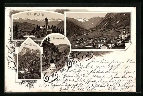 Vorläufer-Lithographie Gossensass, 1892, Ruine Strassberg, Tribulaun, Wassertunnel