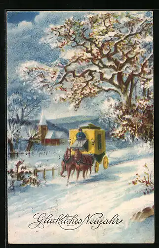 AK Ortspartie mit Postkutsche im Schnee, Neujahrsgruss