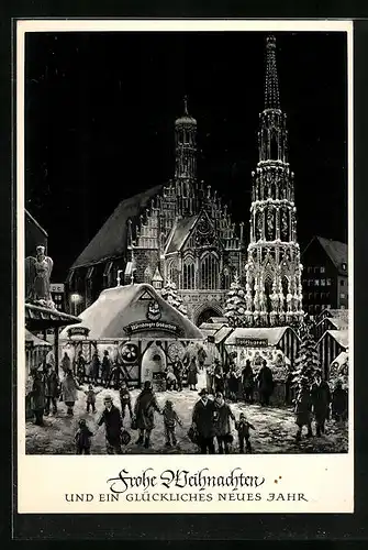 AK Nürnberg, Blick auf den Christkindles-Markt mit der Liebfrauenkirche und dem schönen Brunnen bei Nacht im Winter