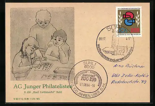 Künstler-AK Suhl, AG Junger Philatelisten 8. OS Karl Liebknecht, Kinder mit Briefmarken, DDR-Propaganda