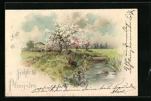 Präge-Lithographie Mann zu Pfingsten am Ufer beim Angeln