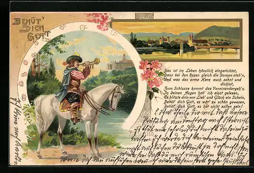 Lithographie Behüt Dich Gott!, Trompeter von Säckingen mit Ortspanorama
