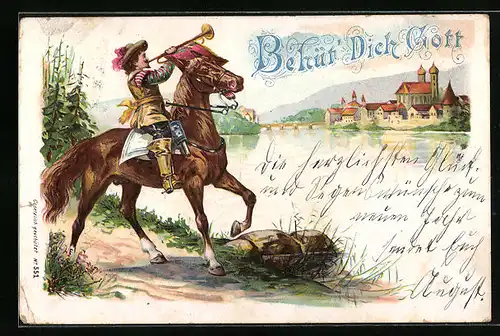 Lithographie Behüt Dich Gott!, Trompeter von Säckingen am Ufer zu Pferd unterwegs
