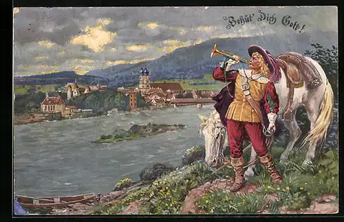 Künstler-AK Behüt Dich Gott!, der Trompter von Säckingen mit seinem Pferd am Ufer
